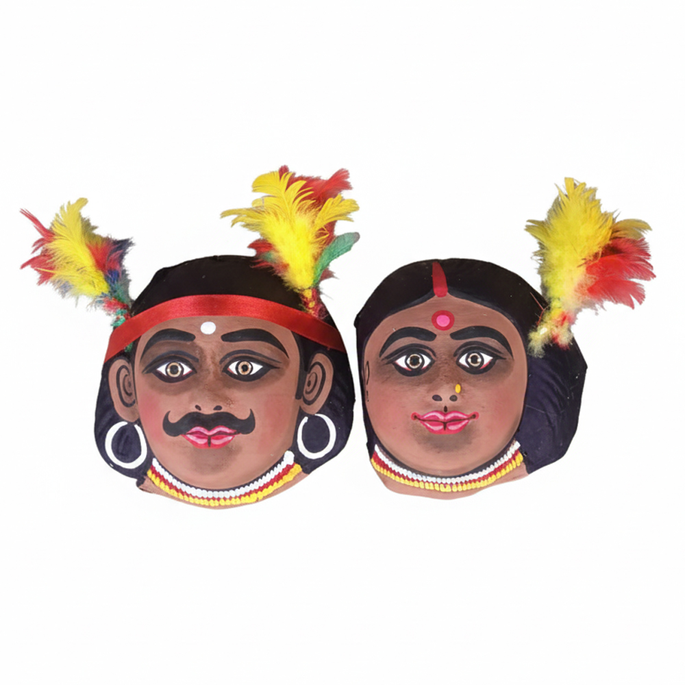 The Tribal Duo: Authentic Chhau Mask Pair (Sabara & Sabari) | 4 Inch x 4 Inch