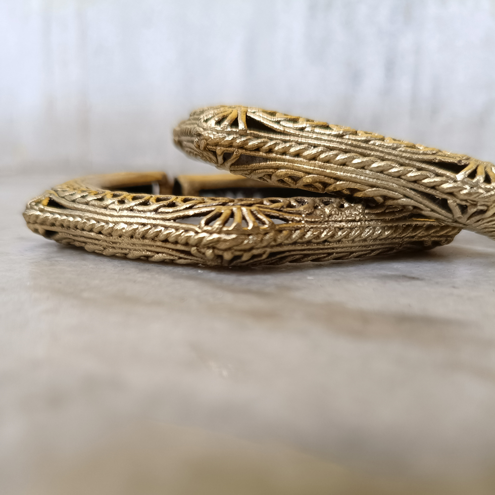 Handcrafted Hexagonal Dhokra Brass Kada with Intricate Filigree and Sun-Motif Engravings (Pair)