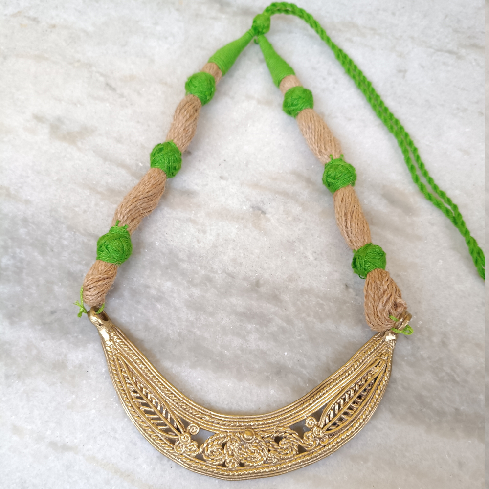 Antique Dhokra Metal Statement Necklace | Tribal Brass Pendant on Natural Jute Cord | Ethnic Boho Hansuli Neckpiece