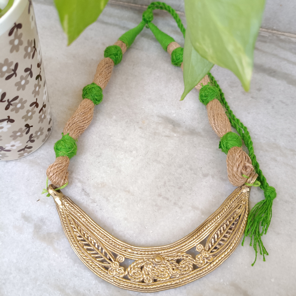 Antique Dhokra Metal Statement Necklace | Tribal Brass Pendant on Natural Jute Cord | Ethnic Boho Hansuli Neckpiece - View 3