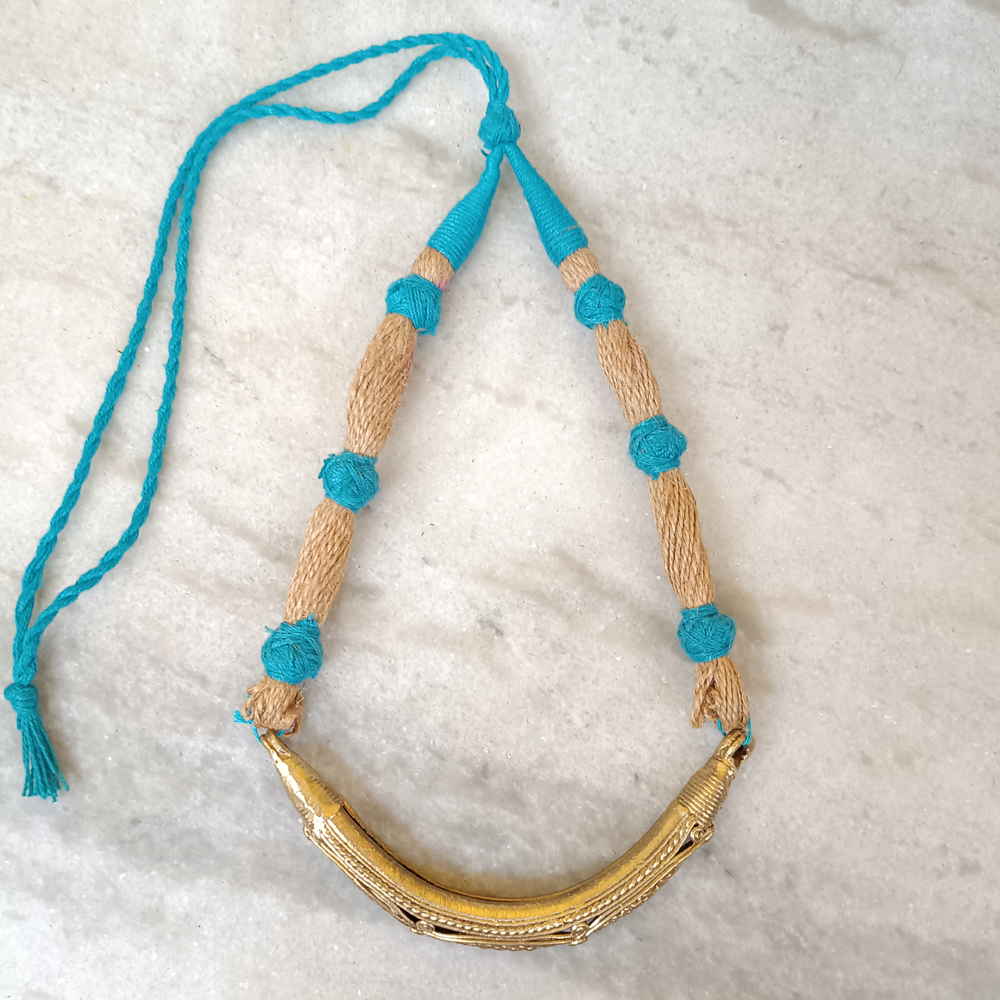 Antique Brass Dhokra Statement Necklace | Tribal Lattice Pendant on Blue & Jute Cord | Ethnic Boho Hansuli Jewelry - View 2