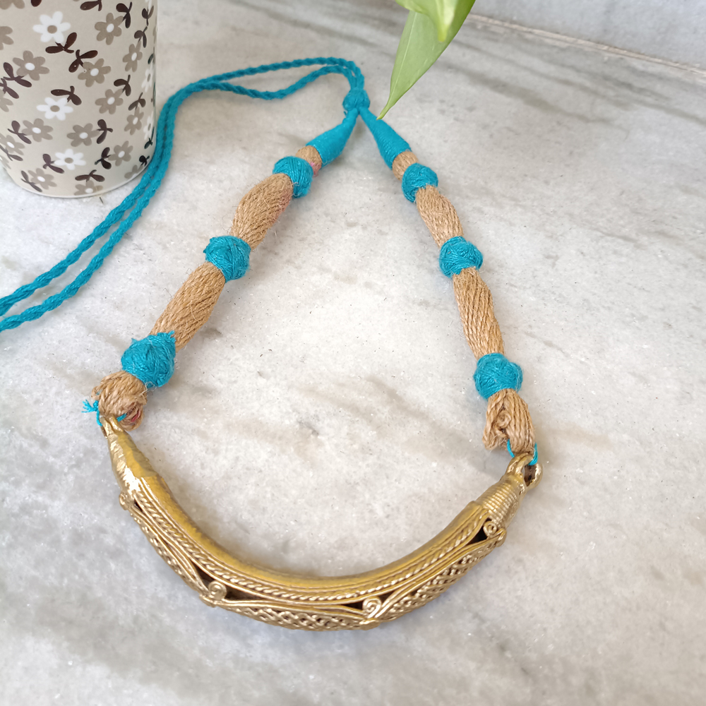 Antique Brass Dhokra Statement Necklace | Tribal Lattice Pendant on Blue & Jute Cord | Ethnic Boho Hansuli Jewelry - View 3