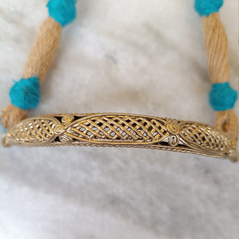 Antique Brass Dhokra Statement Necklace | Tribal Lattice Pendant on Blue & Jute Cord | Ethnic Boho Hansuli Jewelry - View 5