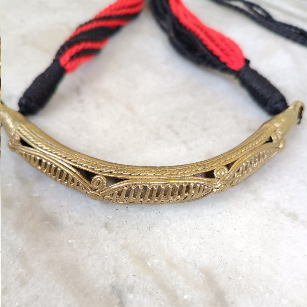 Handcrafted Dhokra Brass Statement Necklace with Red & Black Cotton Cord | Tribal Ethnic Jewelry - View 5