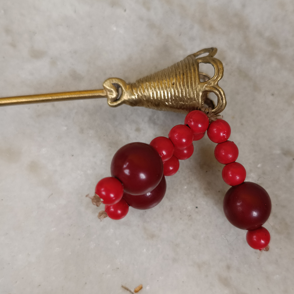 Handcrafted Dhokra Art Brass Hairpin with Red Bead Hangings – Traditional Tribal Hair Accessory - View 3