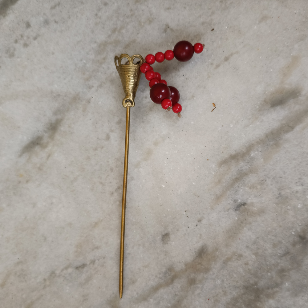 Handcrafted Dhokra Art Brass Hairpin with Red Bead Hangings – Traditional Tribal Hair Accessory - View 4