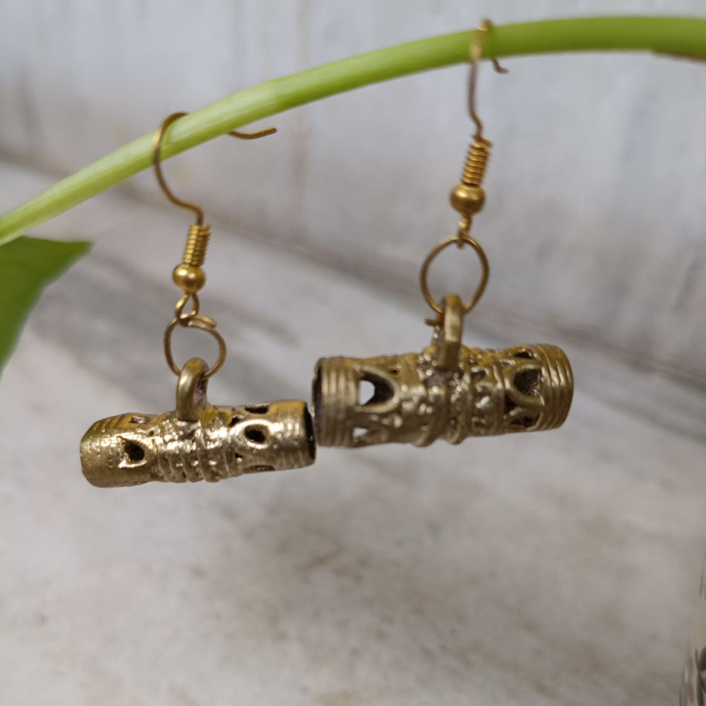 Handcrafted Dhokra Art Brass Earrings – Traditional Cylindrical Dhol Motif Tribal Dangles