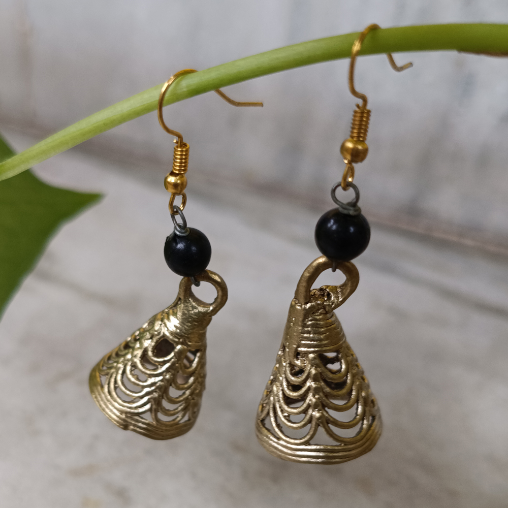 Handcrafted Dhokra Art Brass Jhumka Earrings – Conical Filigree Motif with Black Bead Accents - View 3