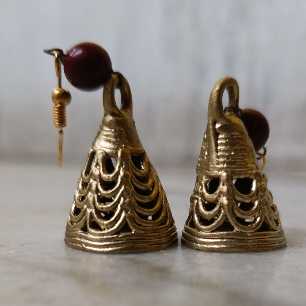 Handcrafted Dhokra Art Brass Jhumka Earrings – Conical Scalloped Motif with Maroon Bead Accents - View 3