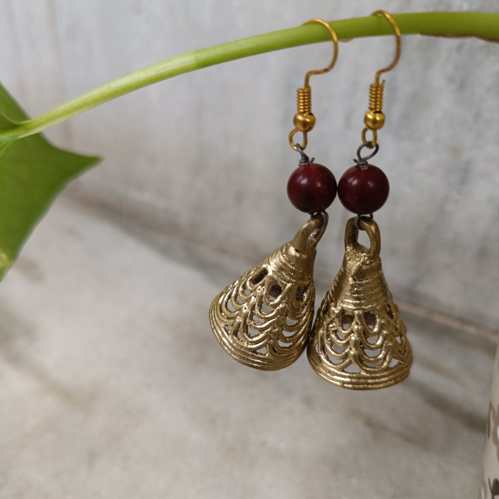 Handcrafted Dhokra Art Brass Jhumka Earrings – Conical Scalloped Motif with Maroon Bead Accents - View 4