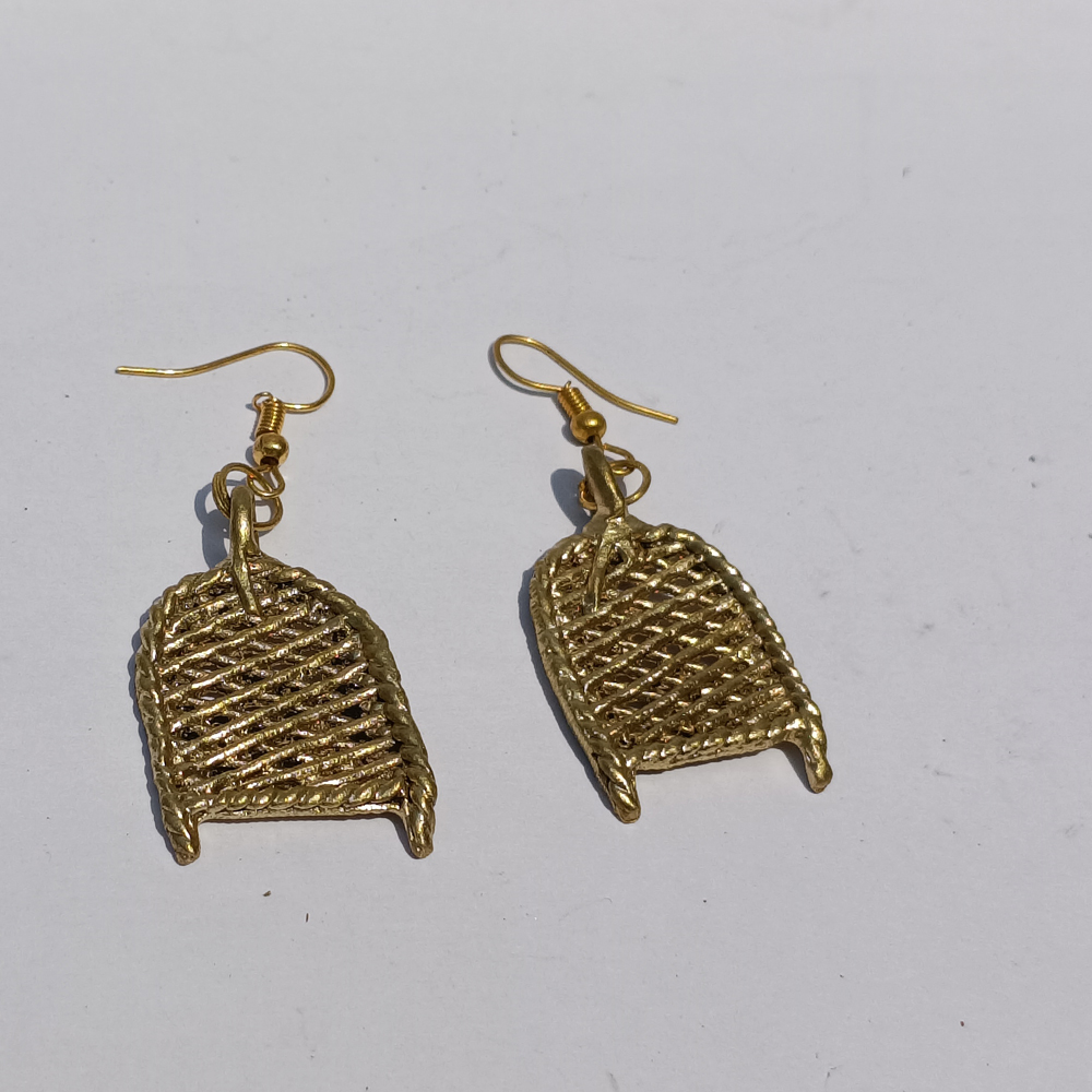Handcrafted Dhokra Kula (Winnowing Basket) Brass Earrings (pair) - View 2