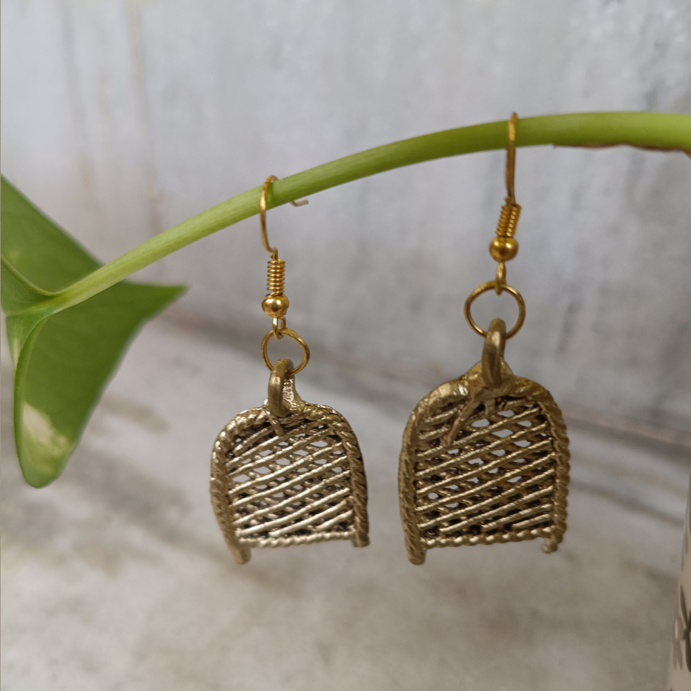 Handcrafted Dhokra Kula (Winnowing Basket) Brass Earrings (pair) - View 3