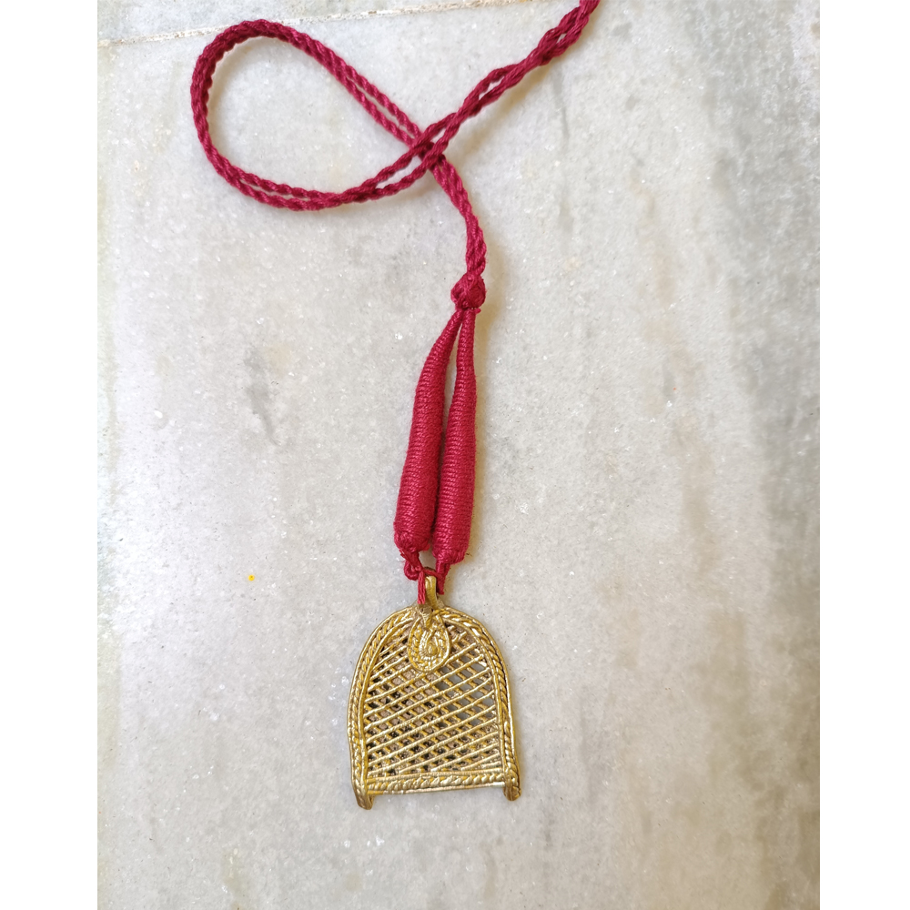 Tribal Metal Craft Kula Pendant – Traditional Dhokra Jewelry with Adjustable Maroon Dori - View 3