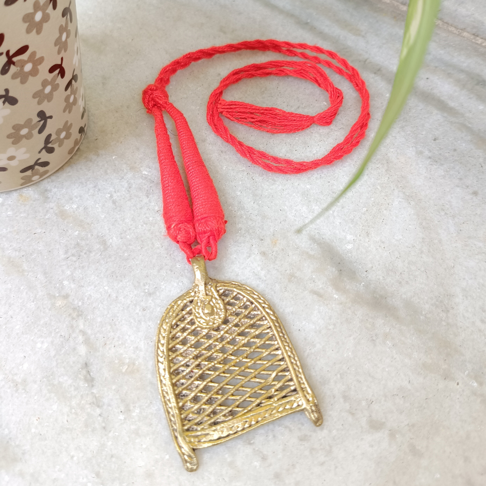 Tribal Brass Dhokra Kula Necklace – Sacred Winnowing Basket Motif with Adjustable Red Dori