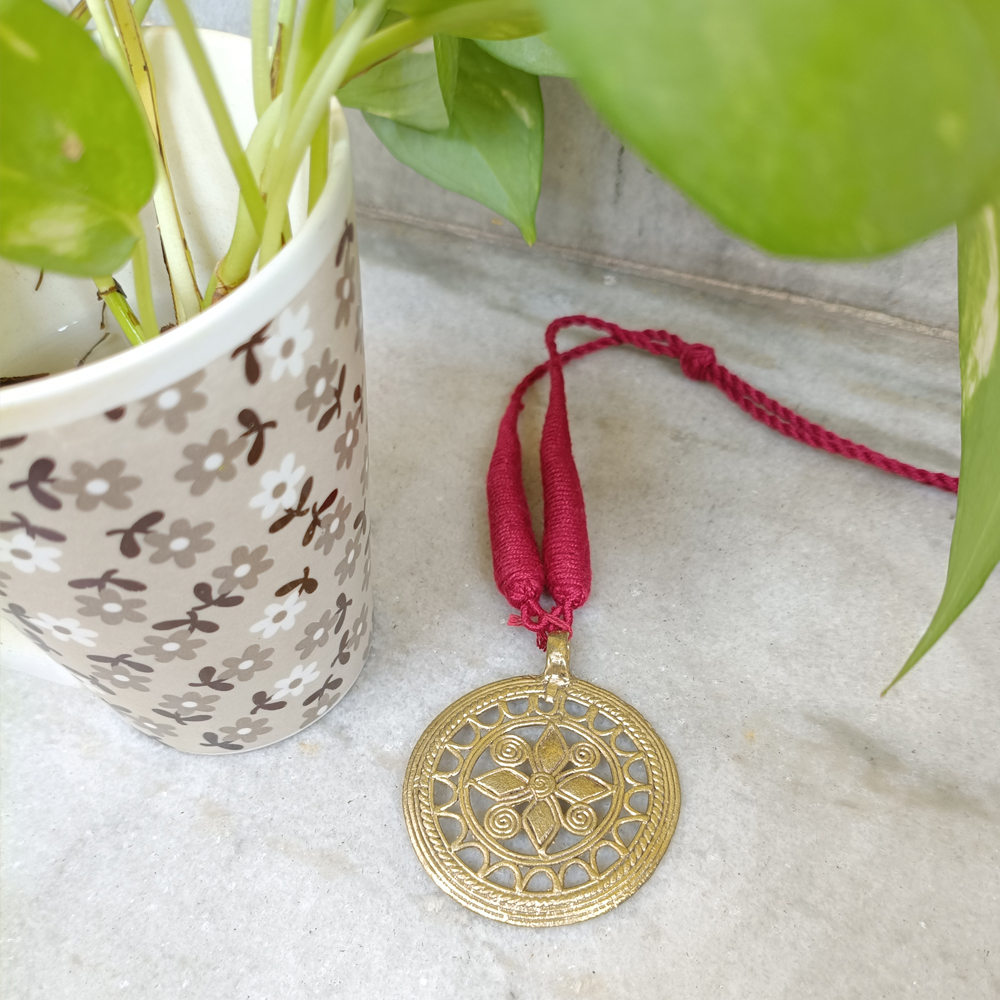 Tribal Metal Craft Celestial Pendant – Traditional Dhokra Art with Adjustable Black Dori - View 3