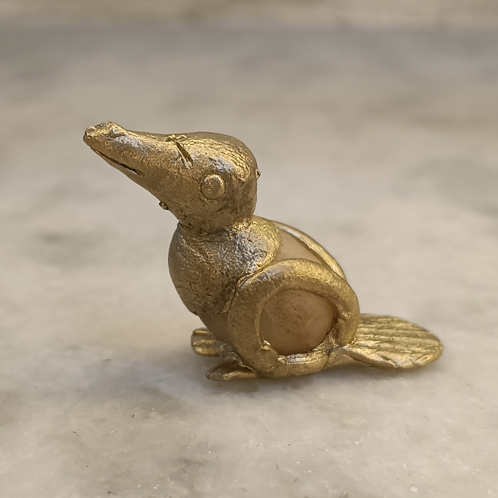 Handcrafted Dhokra Sitting Bird Brass & Stone Figurine - View 2