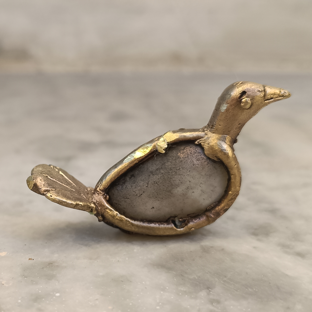 Handcrafted Dhokra Waterbird Figurine in Brass & River Stone - View 3