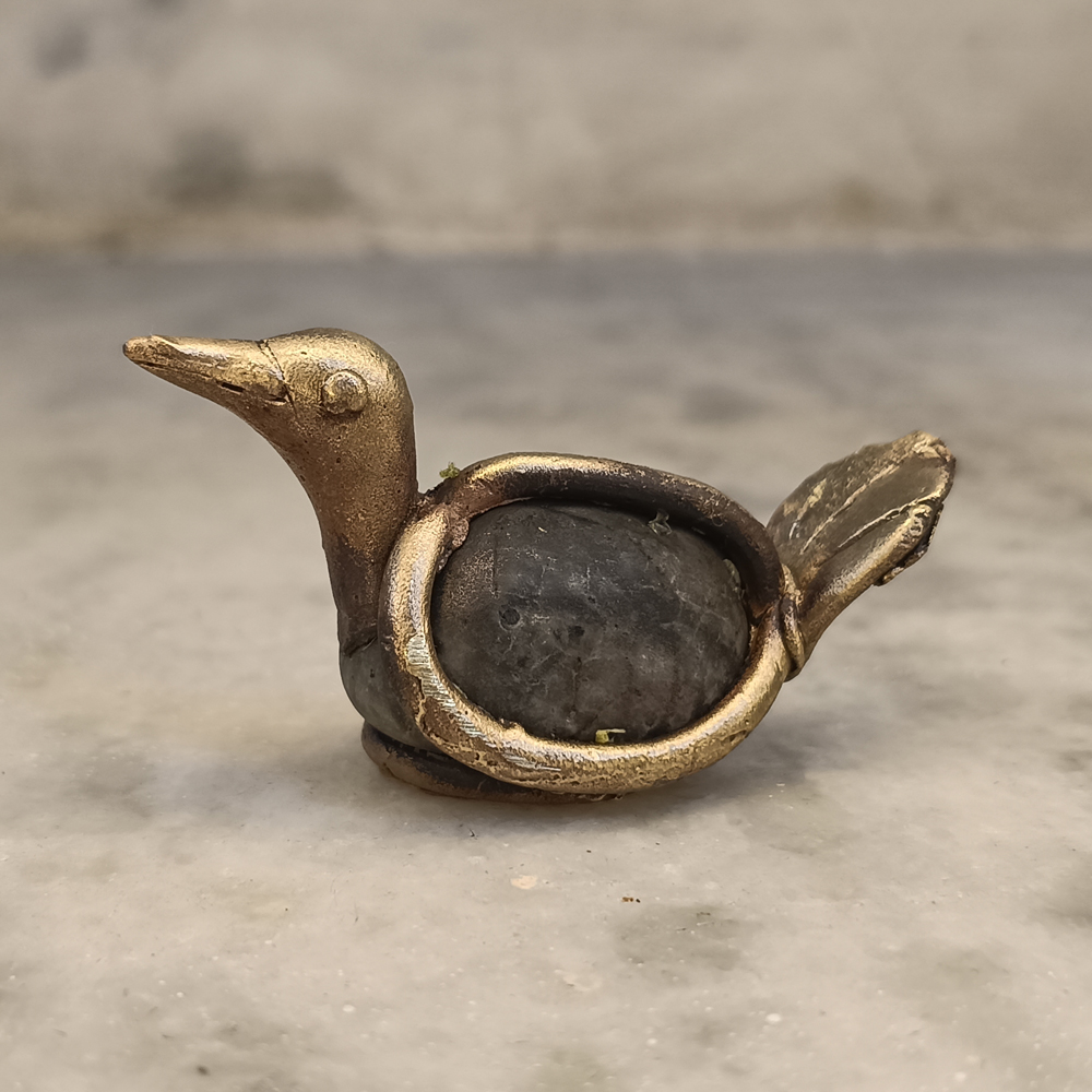 Handcrafted Dhokra Waterbird Figurine in Brass & River Stone - View 4