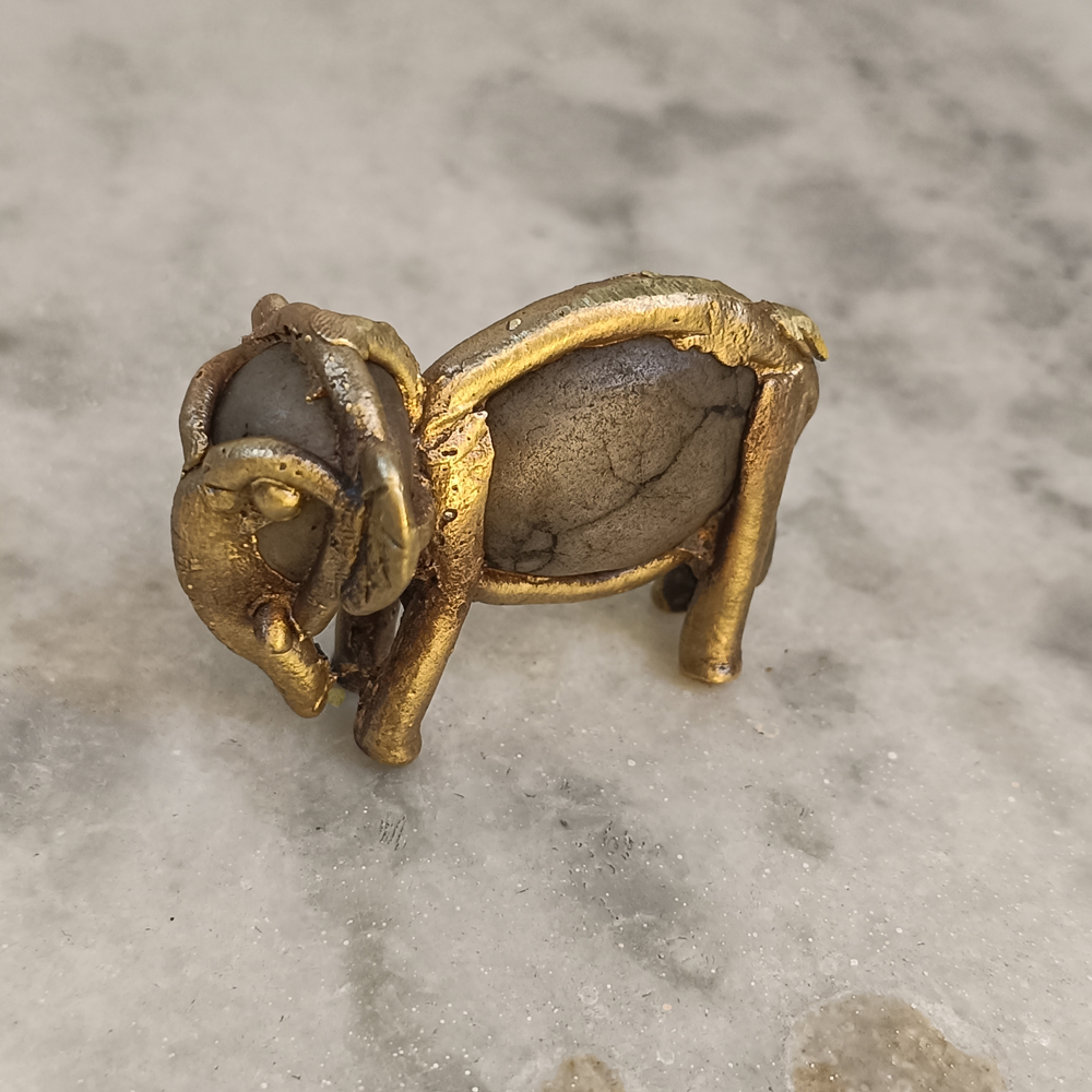 Handcrafted Dhokra Art Brass & River Stone Elephant Figurine - View 2