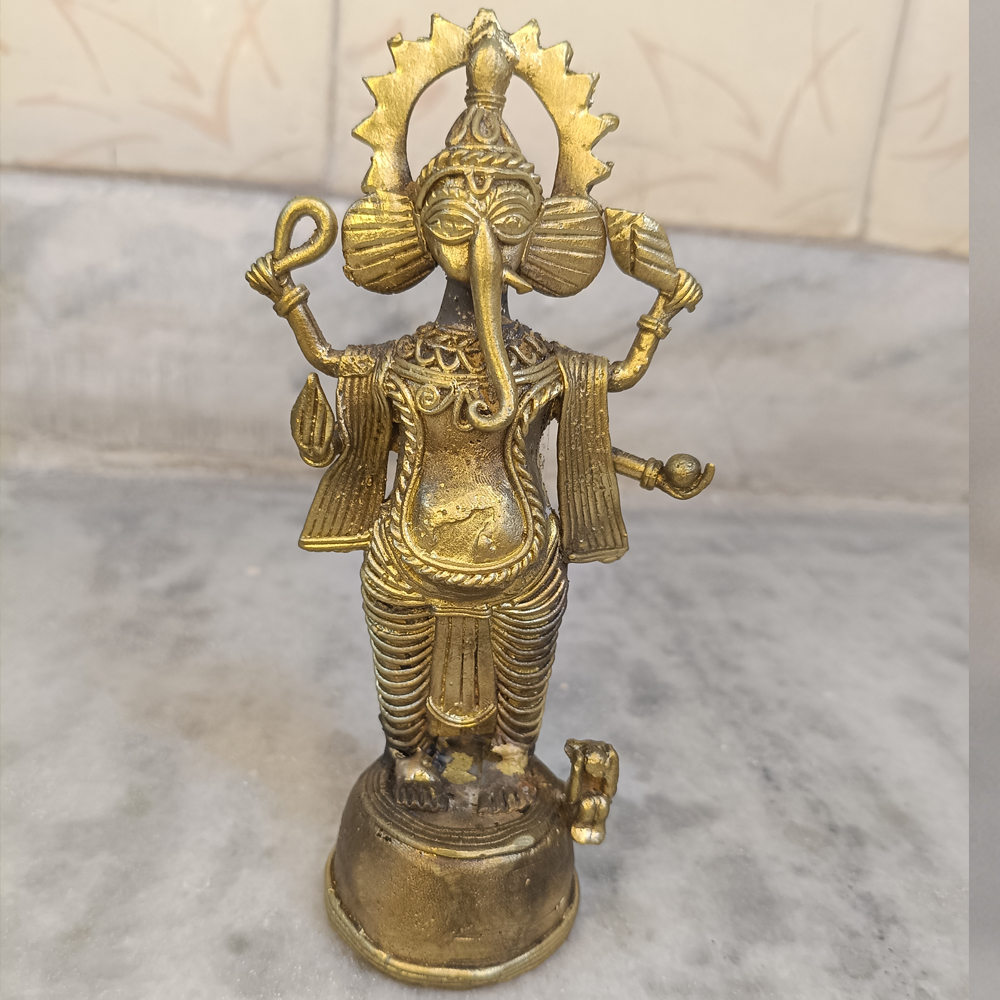 Authentic Handcrafted Dhokra Metal Standing Ganesha Idol | Antique Brass Finish - View 3