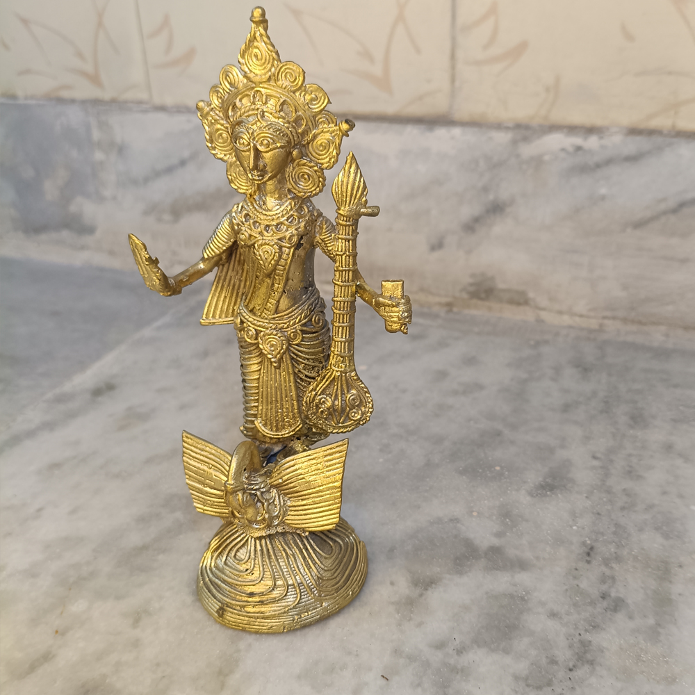 Handcrafted Dhokra Brass Goddess Saraswati Idol