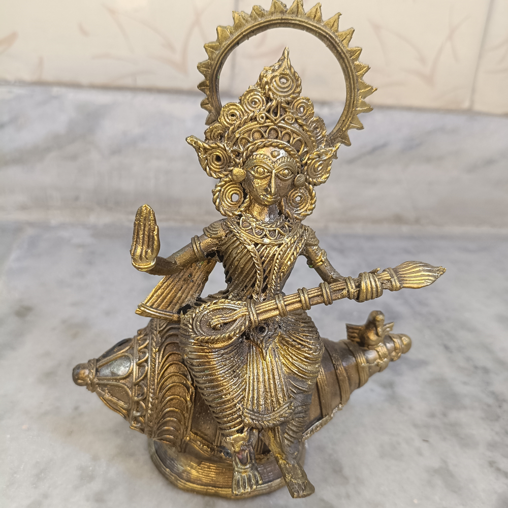 Antique Metallic Dhokra Goddess Saraswati Seated on Shankha Figurine - View 2