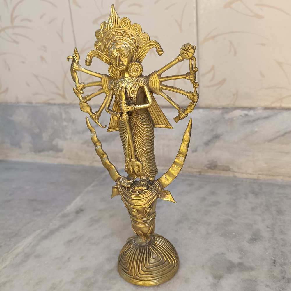 Antique Metallic Dhokra Durga Figurine with Ten Arms and Trishul - View 2