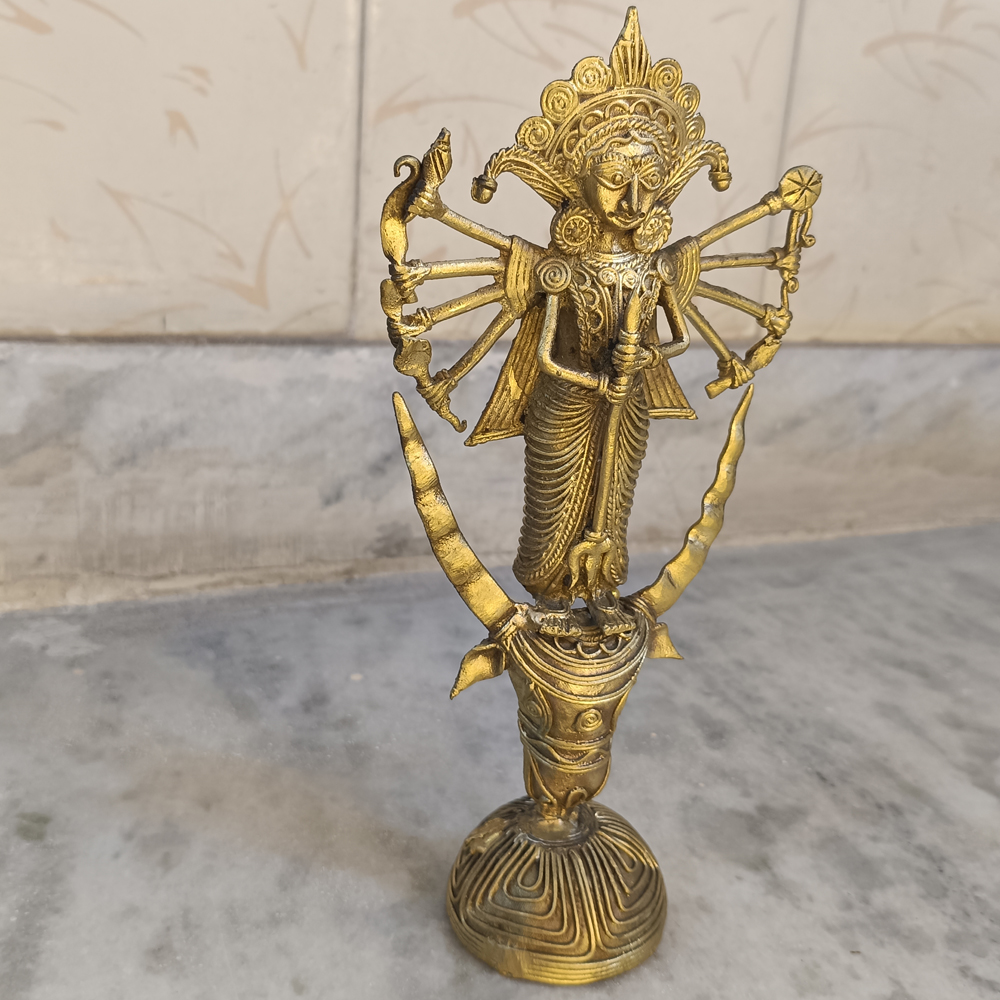 Handcrafted Dhokra Brass Mahishasuramardini Durga Idol – Traditional Tribal Art