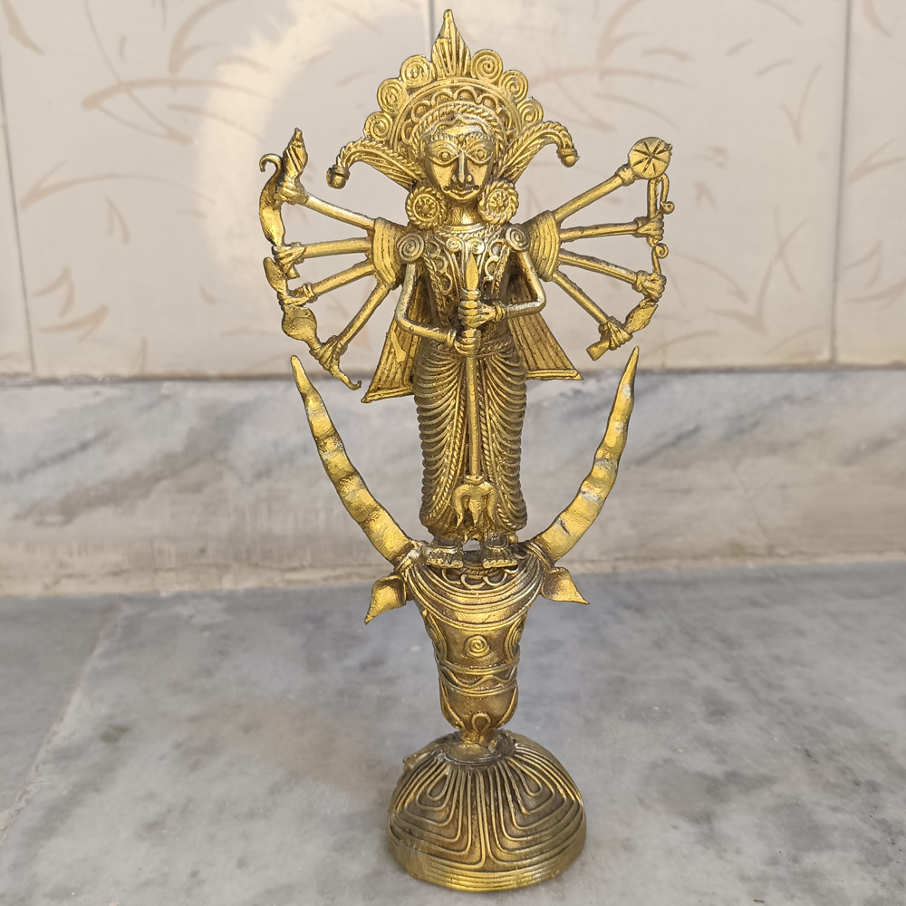 Handcrafted Dhokra Brass Mahishasuramardini Durga Idol – Traditional Tribal Art - View 3