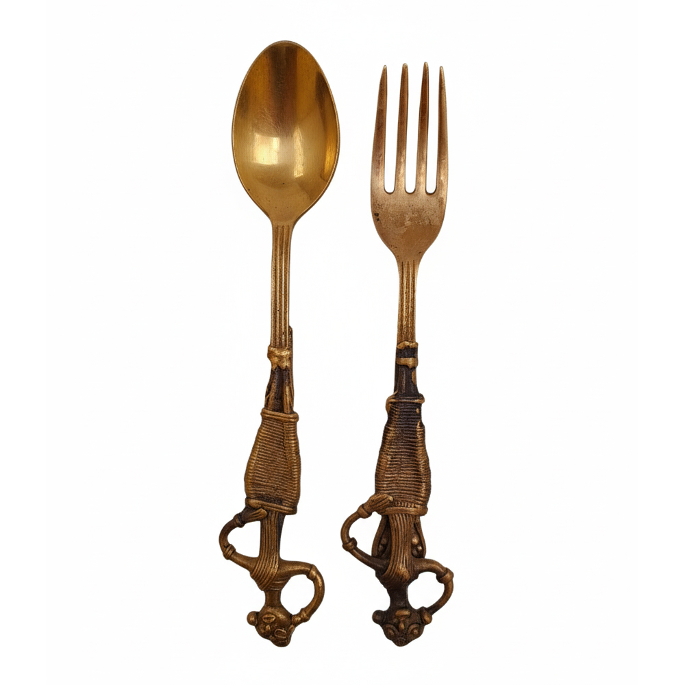 Authentic Dhokra Art Brass Spoon and Fork Serving Set - Handcrafted Tribal Cutlery (Set of 2)
