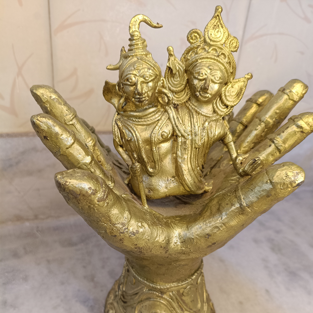 🔱 Unity of Divine Power: Shiva-Durga Dhokra Idol on Hand Pedestal