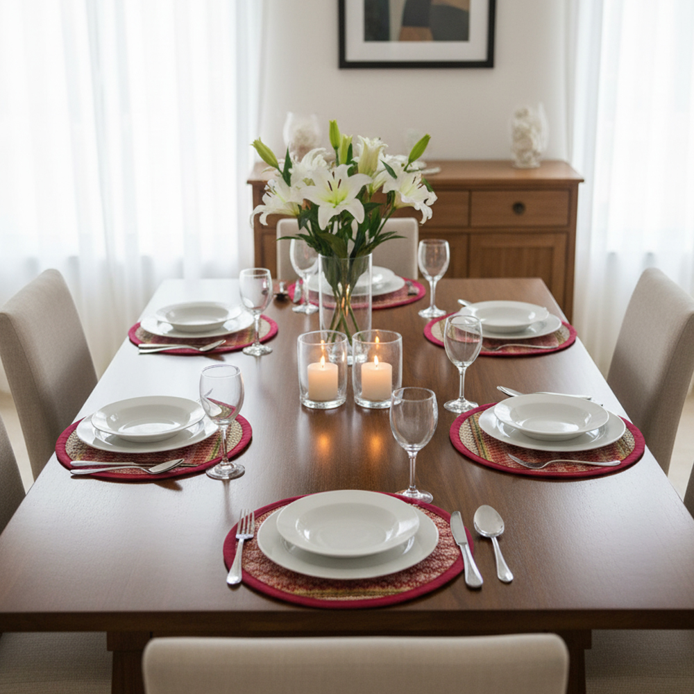 🍽️ Handcrafted Madurkathi Round Table Mats (Set of 6) (Earthy Red) (9 inches / 23 cm) - View 3