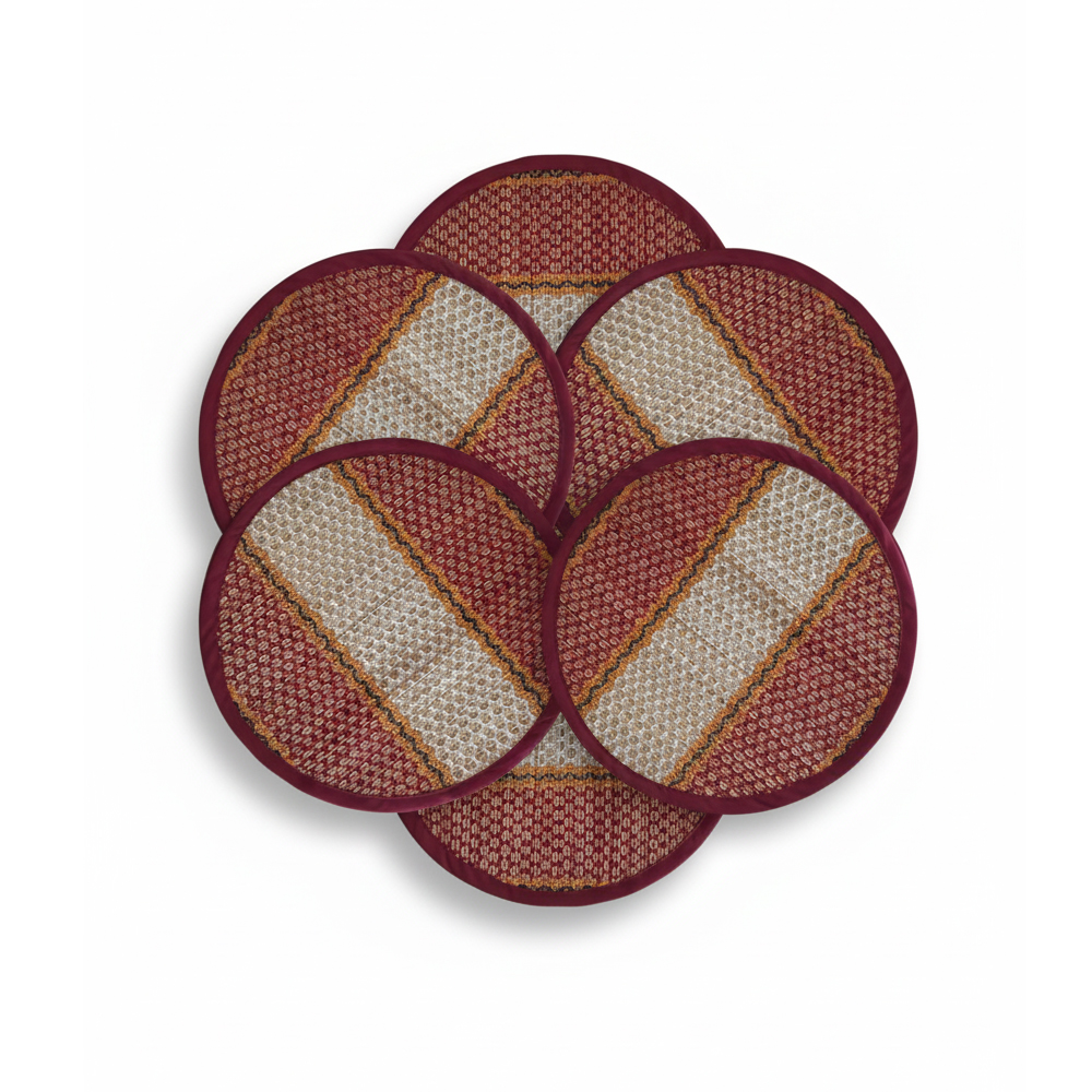 🌾 Artisan-Woven Madurkathi Round Table Mats (Set of 6) (3 band Horizontal Earthy Red) (12 inches / 30 cm)