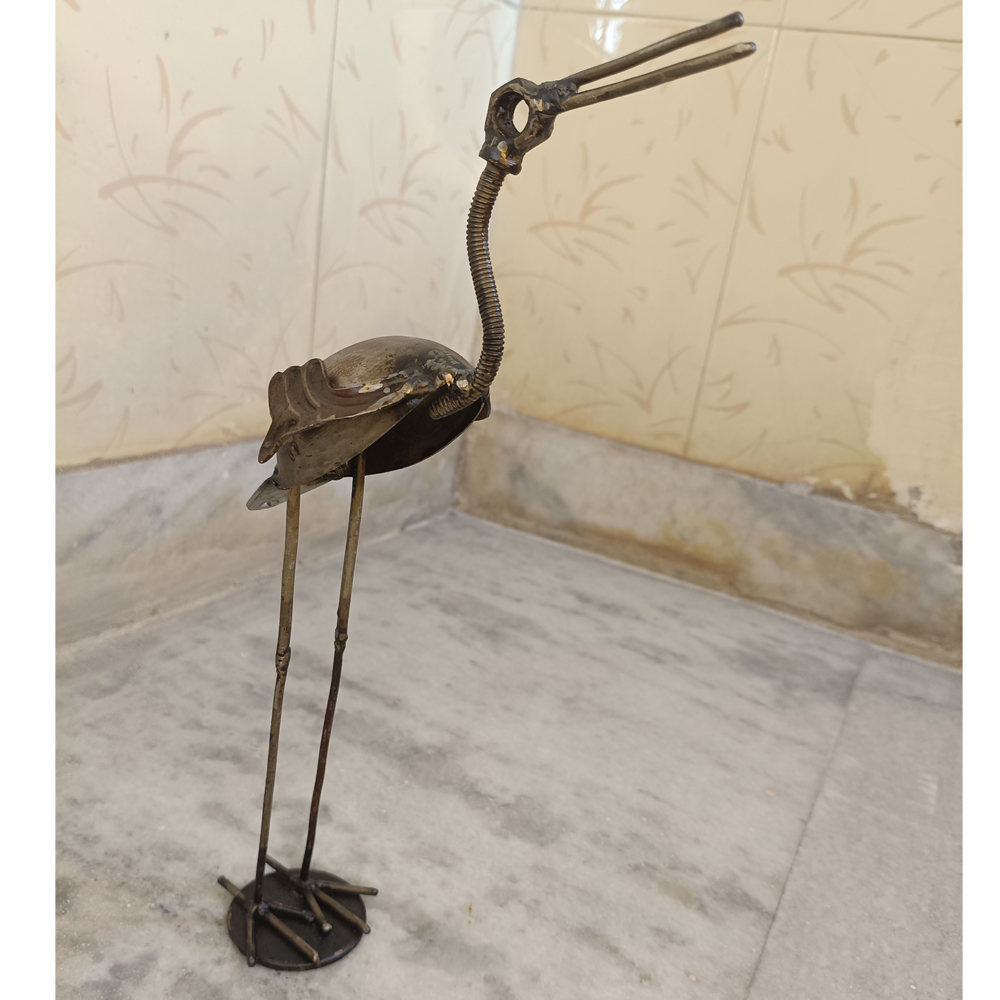 Handcrafted Recycled Metal Crane Sculpture – Upcycled Steampunk Bird Art