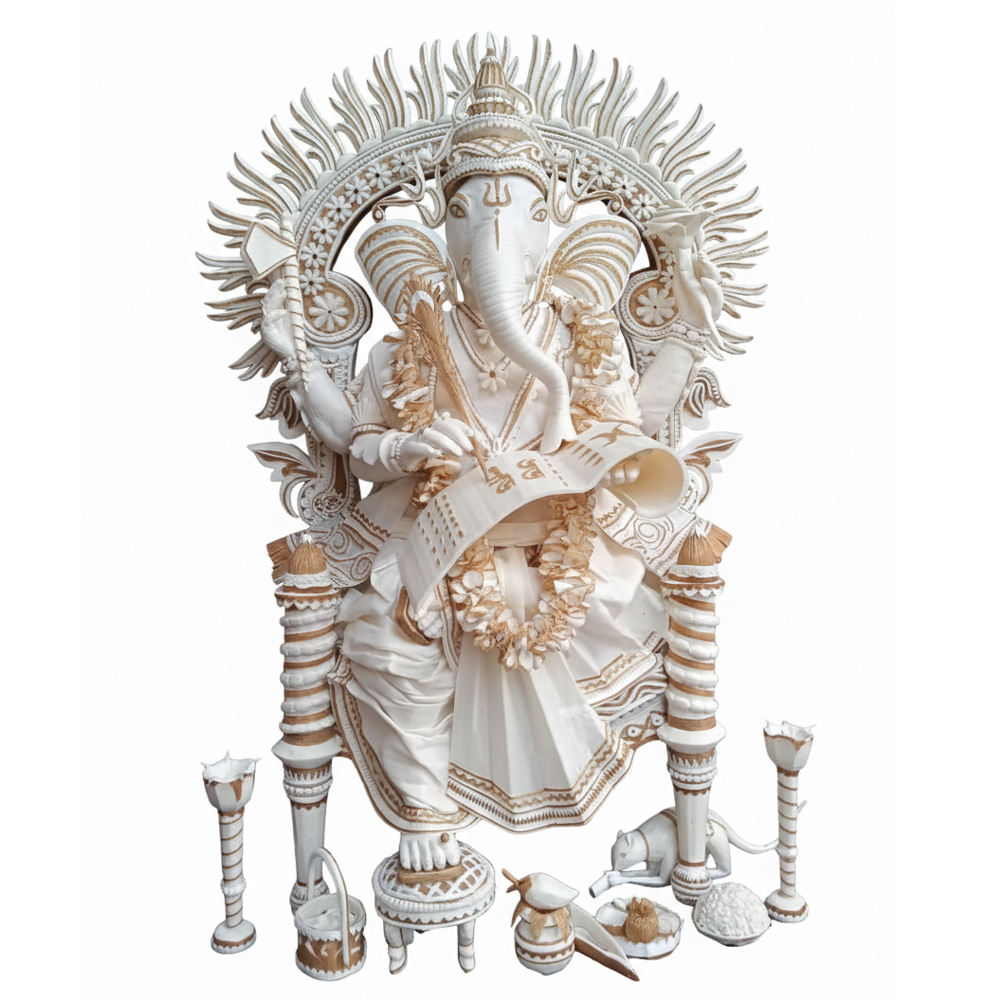 Hand Carved Sholapith Ganesha Idol Set – White & Gold Indian Folk Art | 18 Inch x 12 Inch