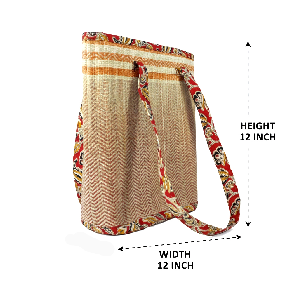 🌾 The Artisan Sling: Handwoven Madur Kati Grass Ladies Bag [Vibrant Red, Orange, and Gold] - View 2