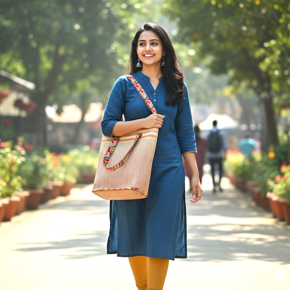 🌾 The Artisan Sling: Handwoven Madur Kati Grass Ladies Bag [Vibrant Red, Orange, and Gold] - View 4