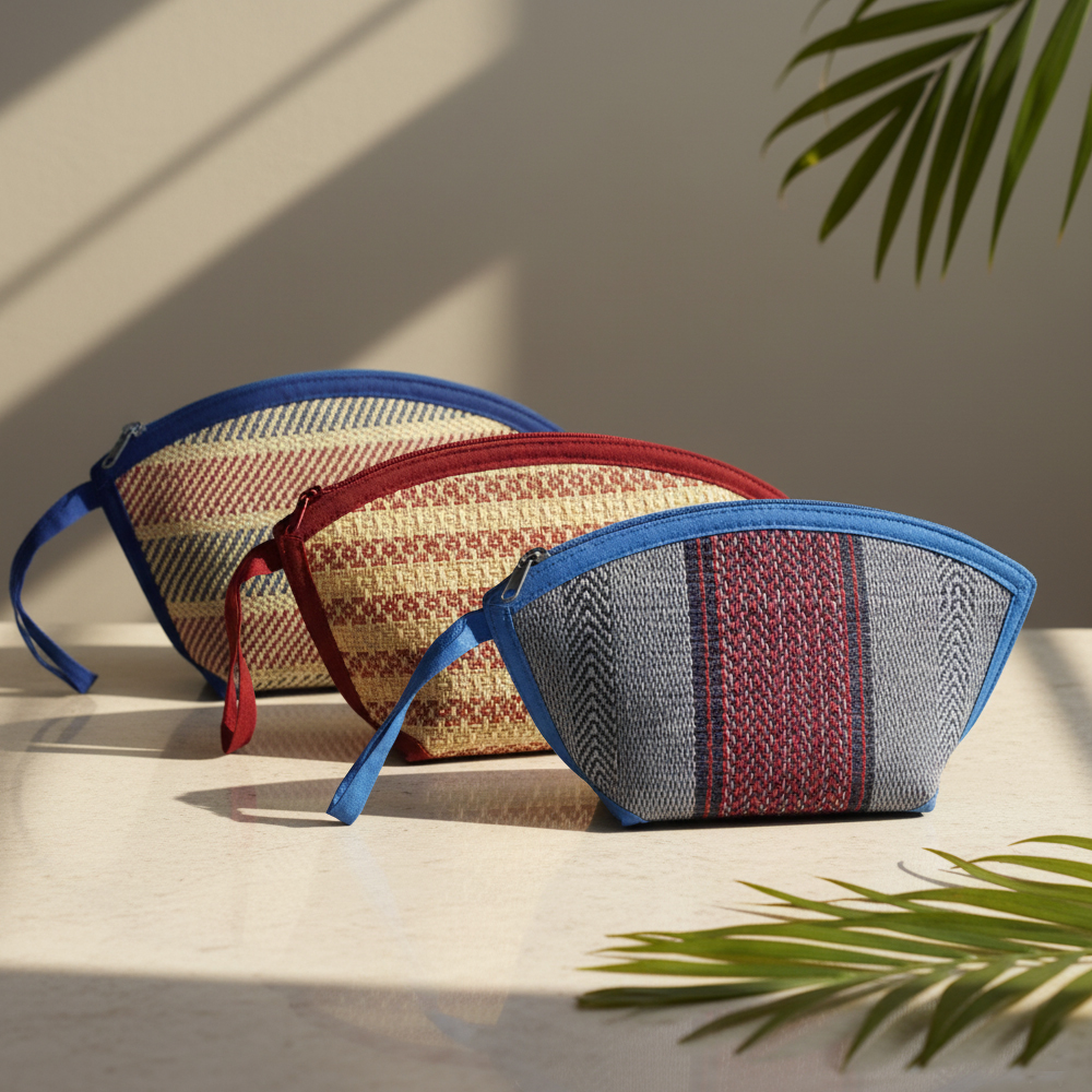 Set of 3 Handwoven Madurkati Zip Pouches - Travel & Cosmetic Organizers | 10 Inch x 4.5 Inch - View 5
