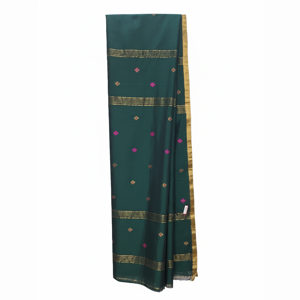💚 Traditional Elegance: 100% Pure Cotton Mina Buti Saree (Bottle Green) -- With Blouse Piece-Cotton Count 101 - View 3