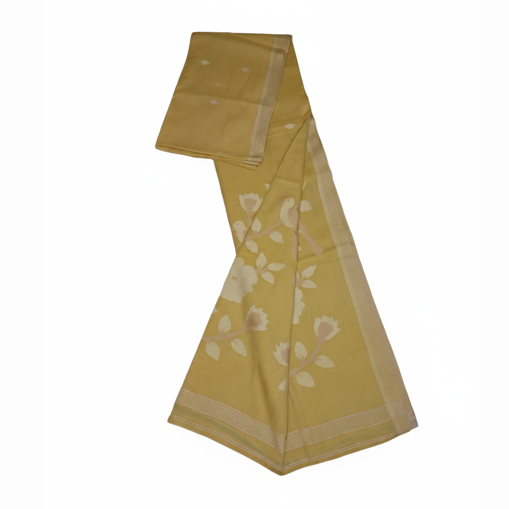 💛 Sunny Sophistication: 100% Pure Cotton Molmol Jamdani Saree (Light Yellow) with Blouse piece - View 3