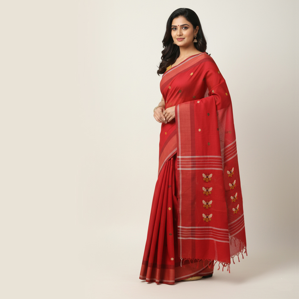 💖 Red Handloom Molmol Jamdani Saree (100% Pure Cotton) with Blouse Piece
