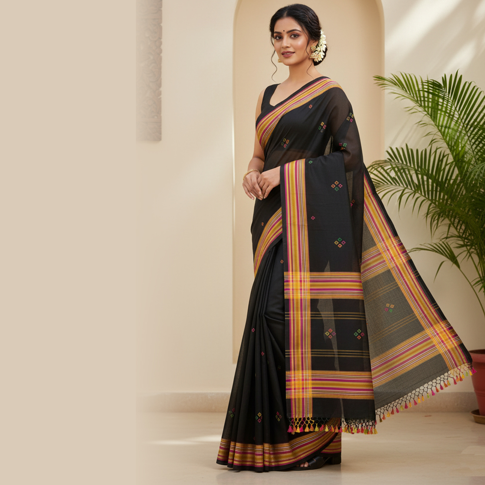 🖤 The 'Jhumko Lata' Saree | 100% Pure Handloom Cotton with Blouse Piece
