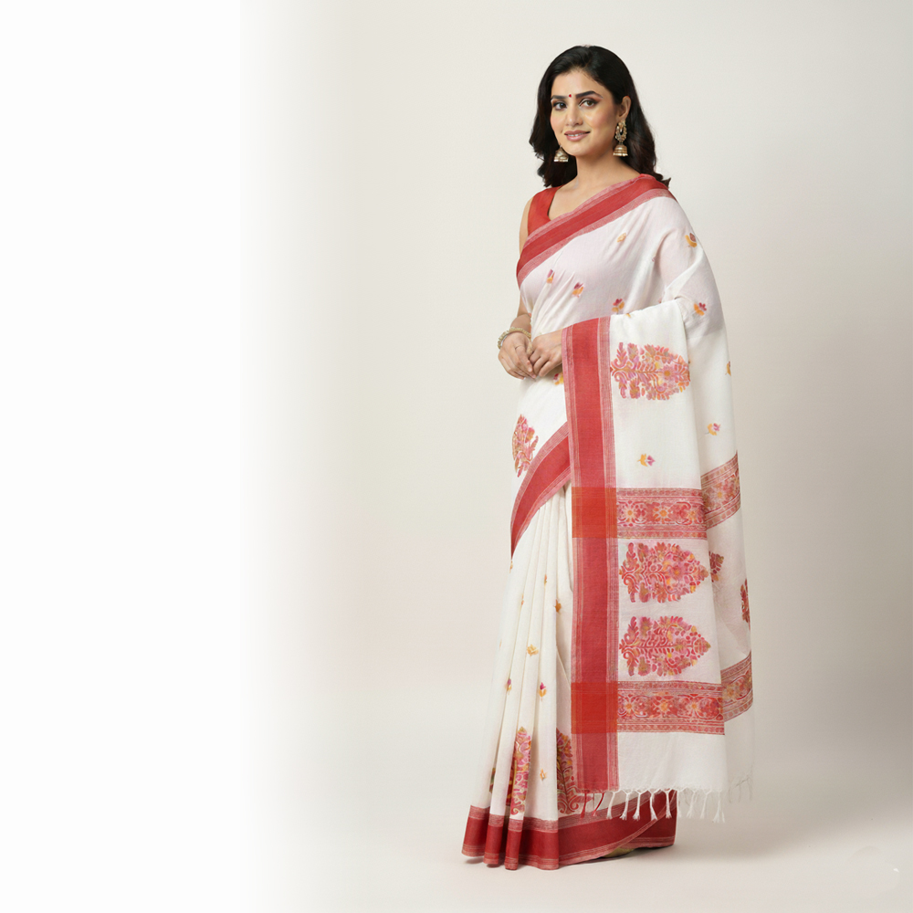 🌟 The Heritage 'Ikkat Buti' Handloom Saree in White and Red | 100% Pure Cotton