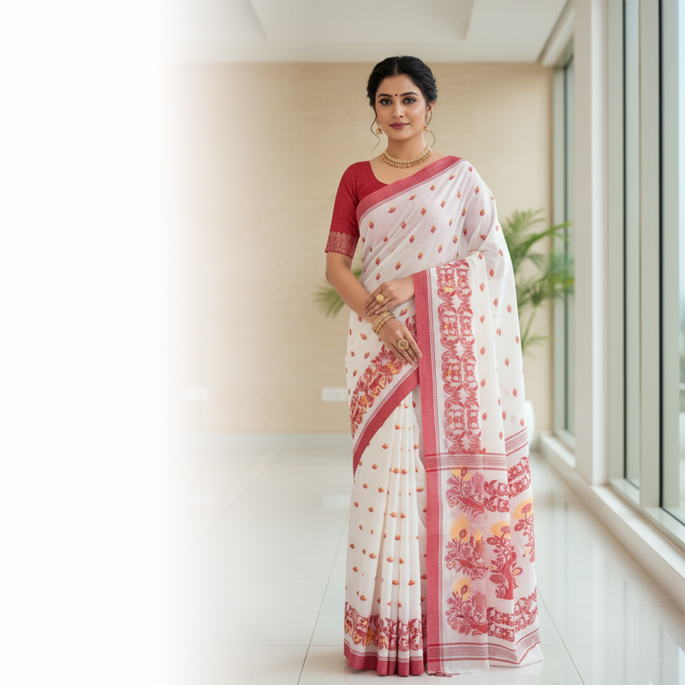 💖 Elegant Pristine White & Red Handloom Cotton Jamdani Saree & Blouse Piece 💖