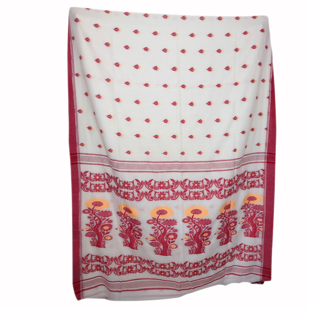 💖 Elegant Pristine White & Red Handloom Cotton Jamdani Saree & Blouse Piece 💖 - View 3