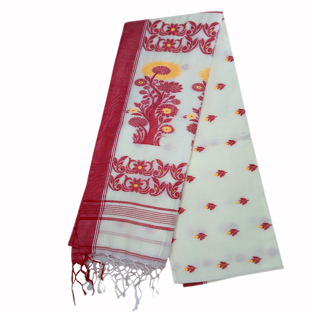 💖 Elegant Pristine White & Red Handloom Cotton Jamdani Saree & Blouse Piece 💖 - View 5