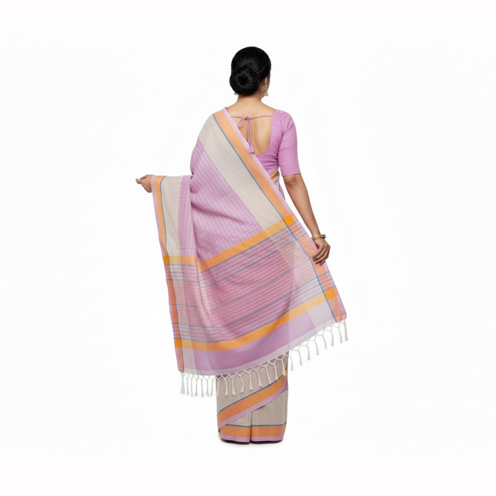 💖 Handloom Heritage: Pure Cotton Check Saree with Contrast Border & Buti Work - View 2