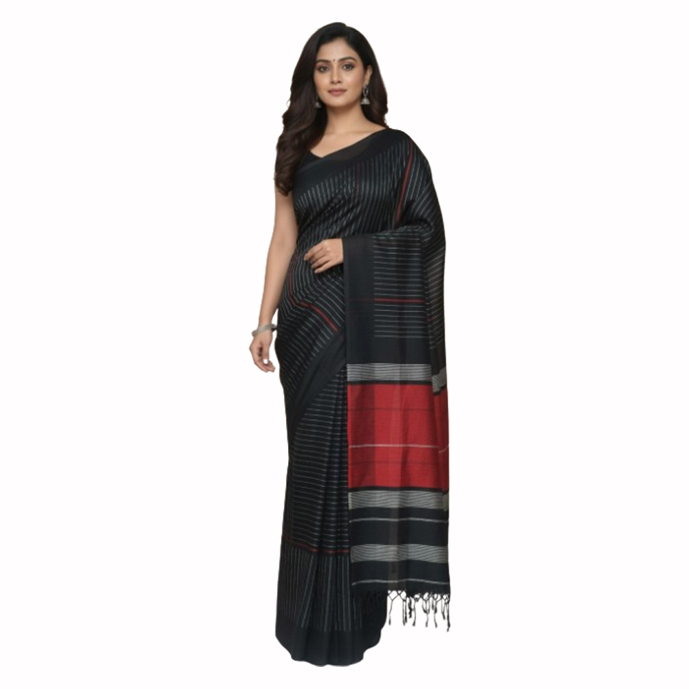 🖤 Striking Black & Multi-Stripe Handloom Cotton Saree (5.5 Meters) - View 2