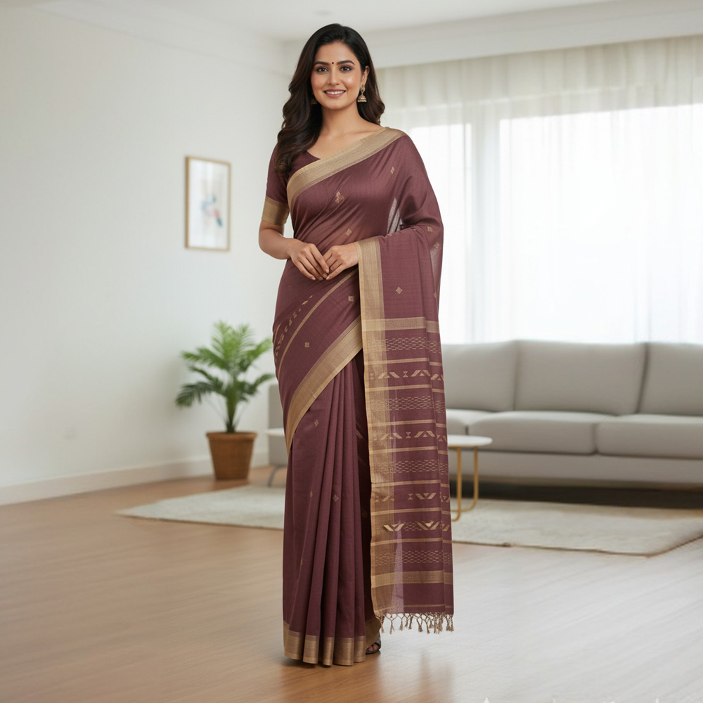 Handloom Pure Cotton Saree (5.5m) | Maroon & Beige Buti Chain Stripe Weave | Lightweight & Ready-to-Wear