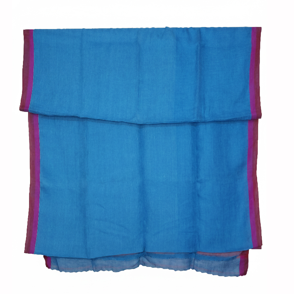 Dual-Tone Handwoven Linen Saree with Blouse Piece | Teal Blue and Maroon with accents of Fuchsia Pink - View 2